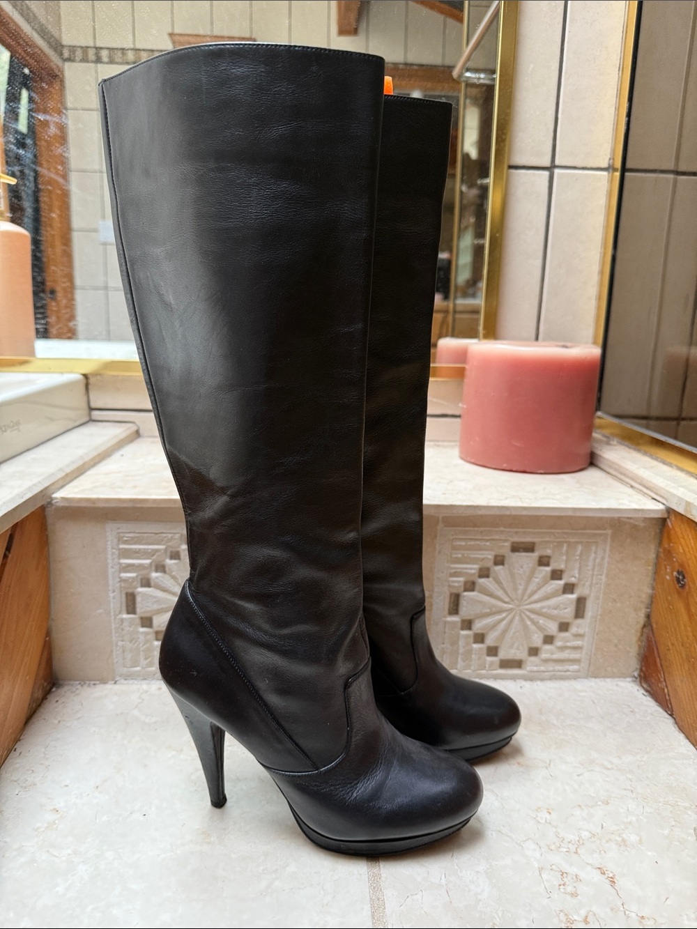 BCBGeneration Black Leather Knee-High Stiletto Boots